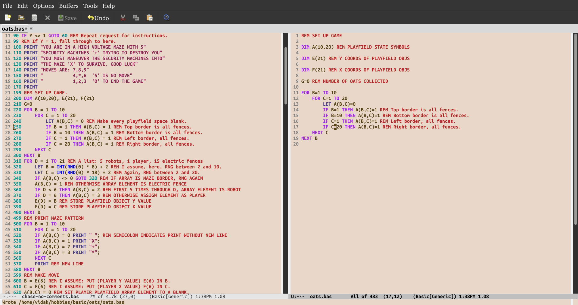 two buffers in emacs. one of the game chase.bas, and one of the first draft of oats.bas