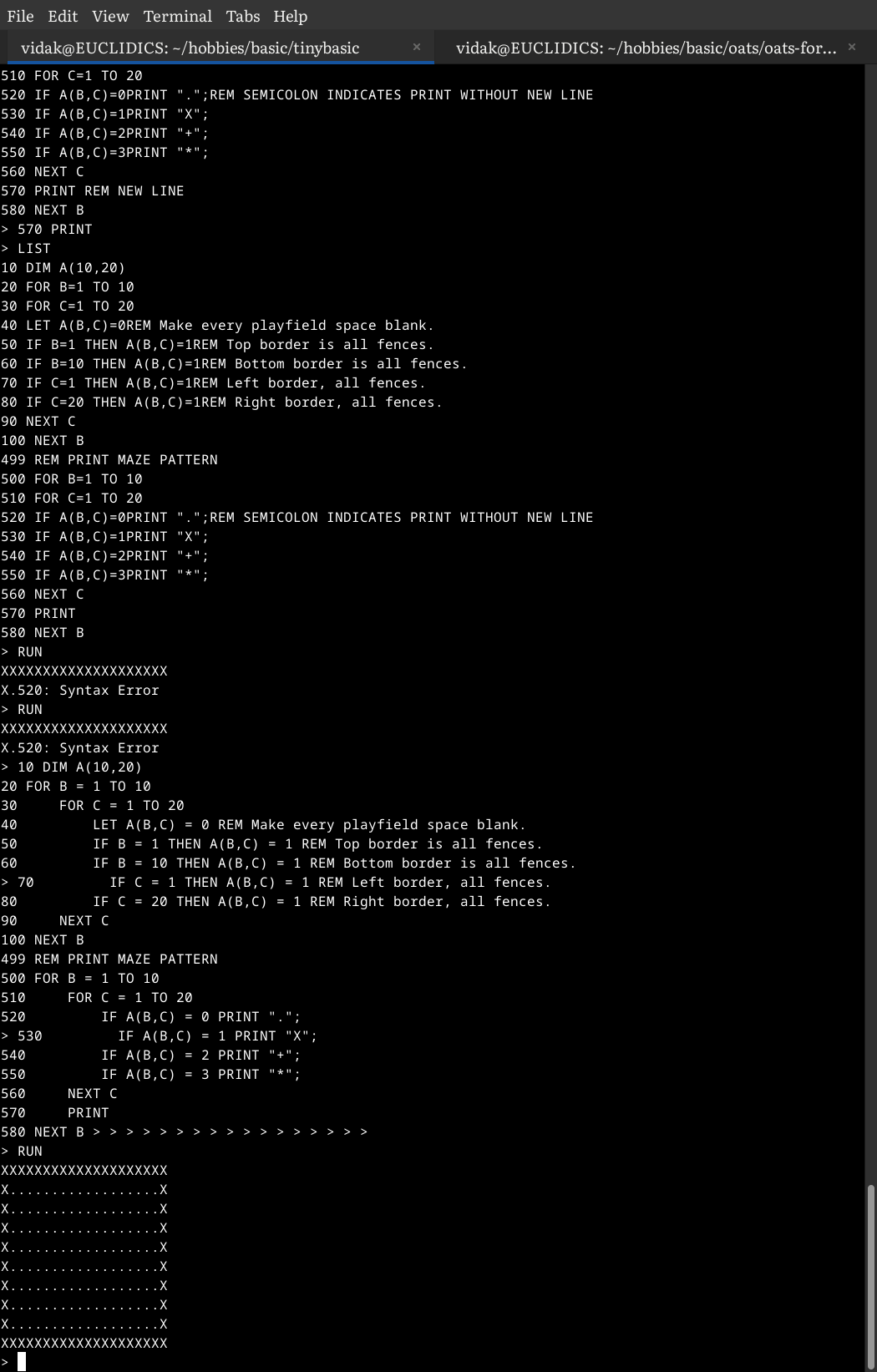 a tiny BASIC interpreter prompt. at the bottom is generated a playfield.