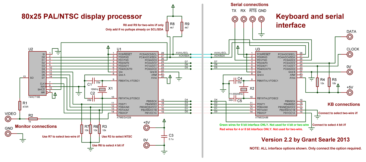 schematic of the microcontroller video terminal i have decided to build. 

it uses an atmega328 as a 'display processor', and an atmega88 to manage the serial interface and keyboard input. 