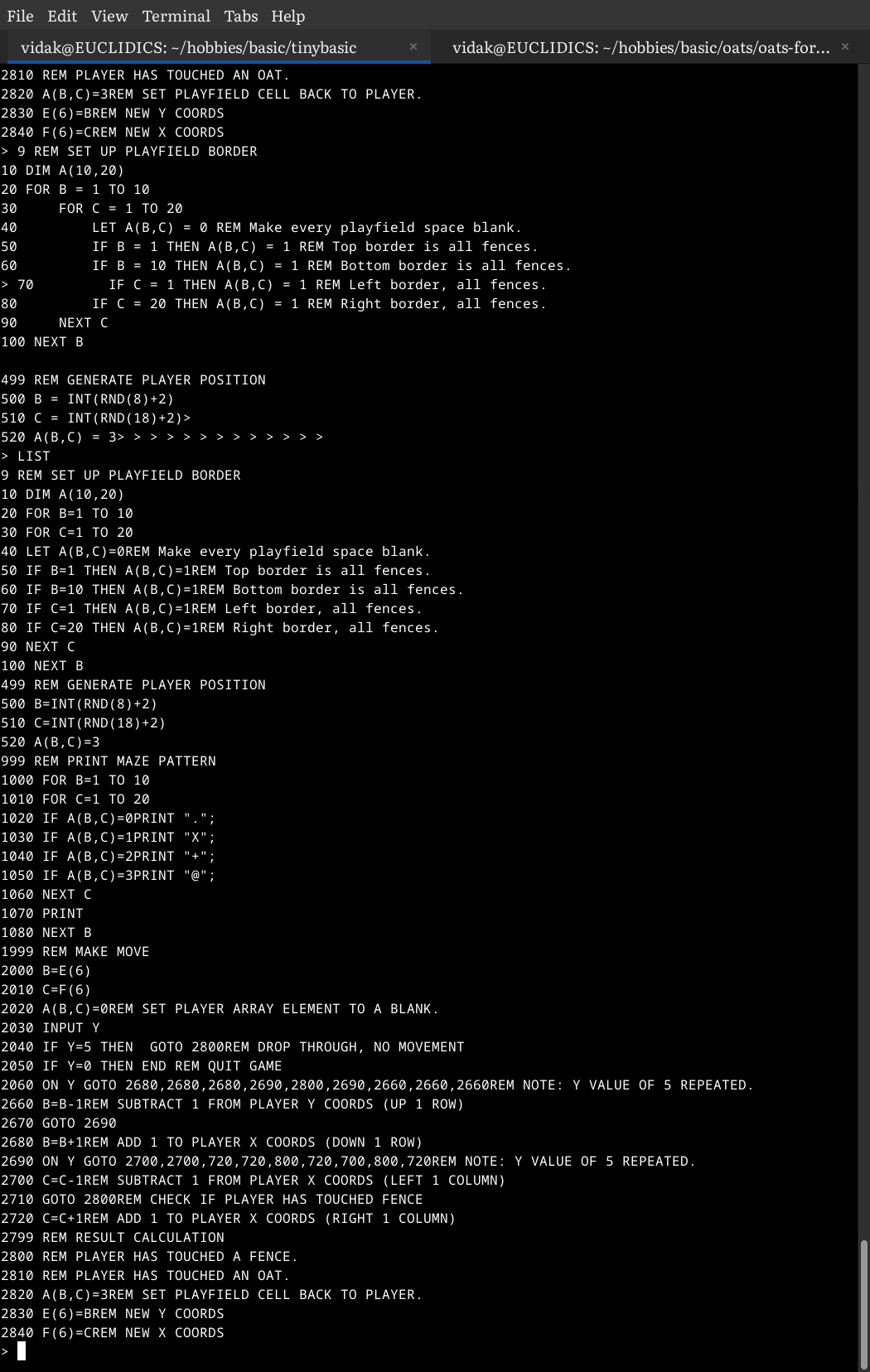 a screenshot of copy-pasted code from emacs into the TIny BASIC interpreter