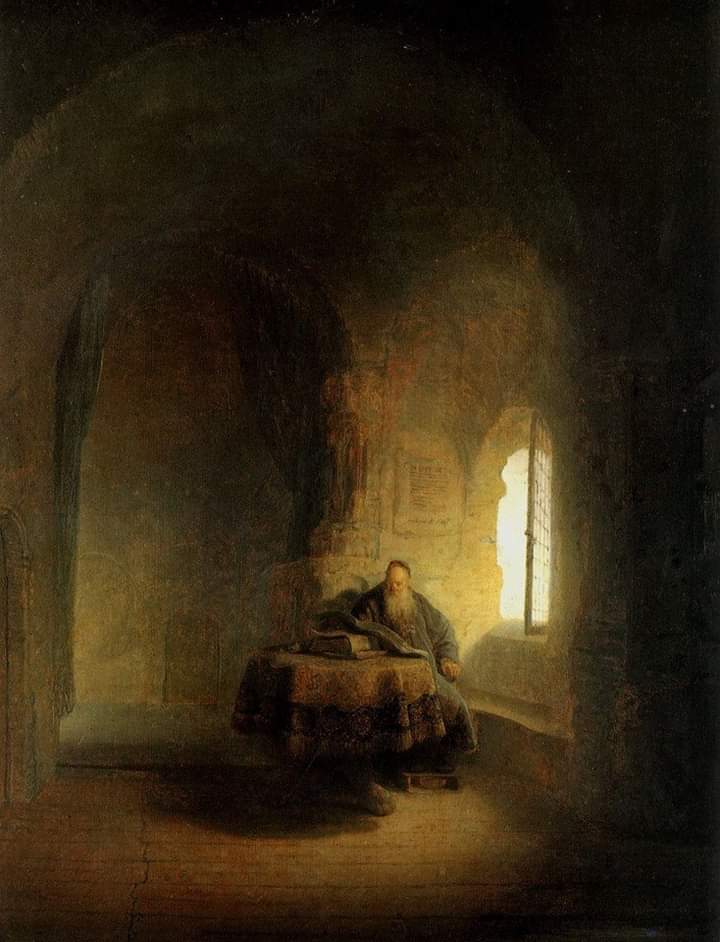 rembrandt painting. "the philosopher". an ultra wide angle shot of a bearded man reading books by the window in a dark dungeon-like room. 