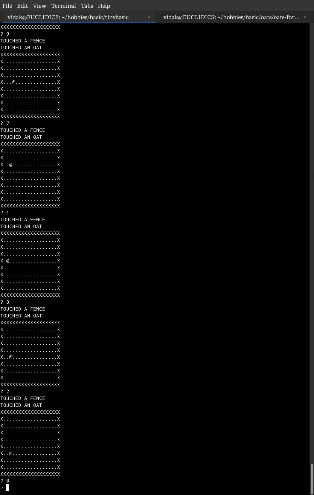 a debugging session of OATS.BAS in the Tiny BASIC interpreter.