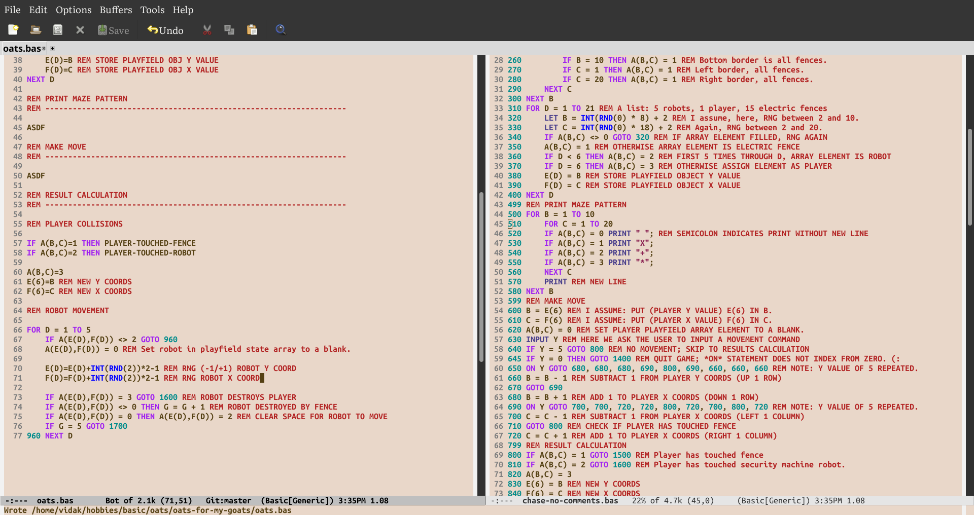 two emacs buffers. oats.bas on the left, chase.bas on the right.