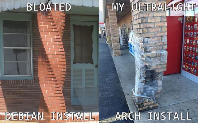 bloated debian install vs ultralight arch install.
