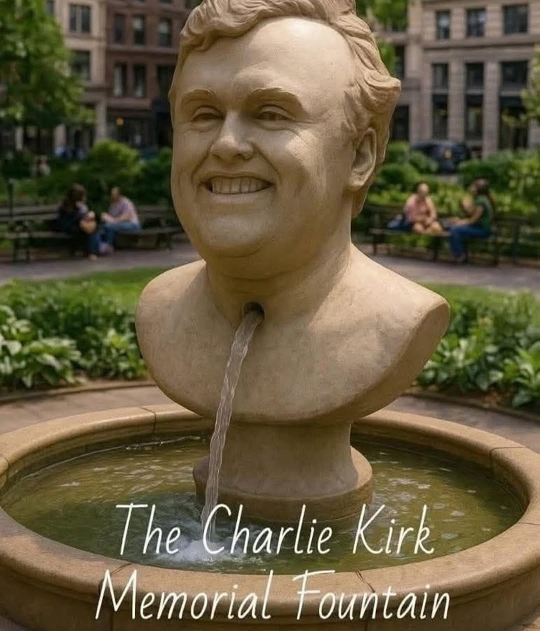 Marble fountain bust of Charlie Kirk.

The water is coming out of a hole in his neck.