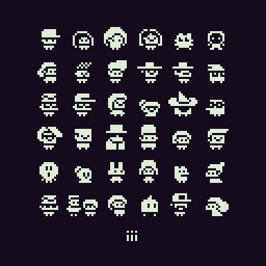 A 6 X 6 grid of different 8 bit characters.