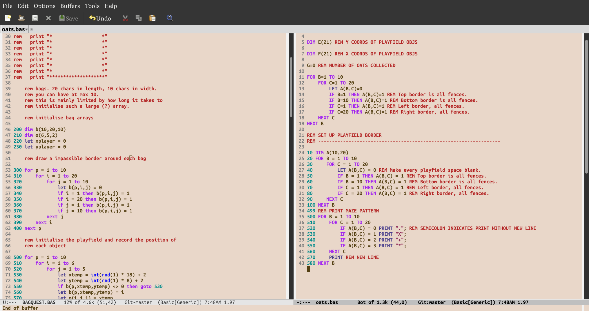 two emacs buffers of BASIC code.