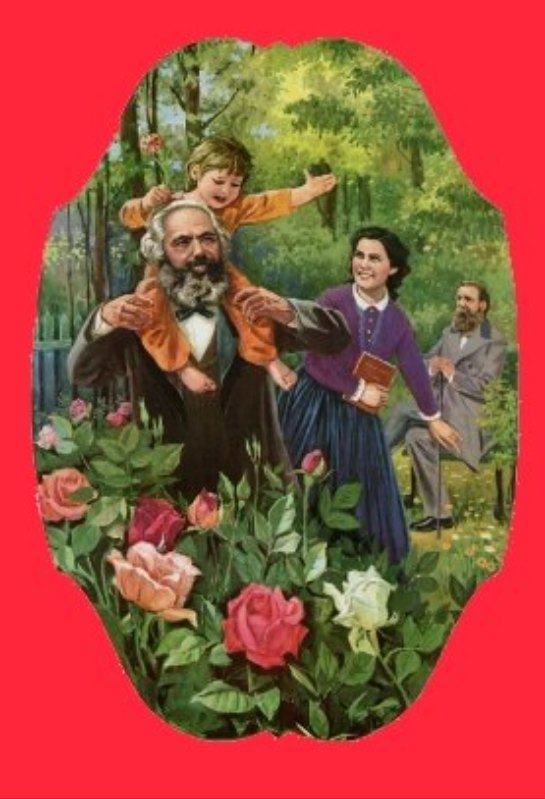 poster. people's republic of china. "Karl Marx, Jenny von Westphalen, their daughter Jenny, and friend Friedrich Engels enjoy a trip to a garden".