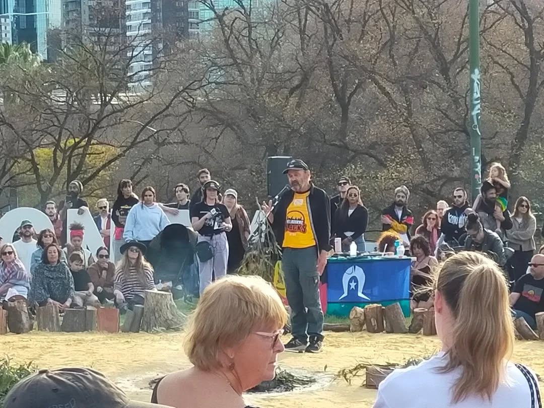 uncle robbie thorpe speaks to the crowd at camp sovereignty, naarm. uncle robbie thorpe speaks to the crowd at camp sovereignty, naarm.