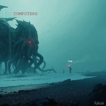 big krakken cthulhu thing about to eat me. the big monster is labelled "COMPUTER".