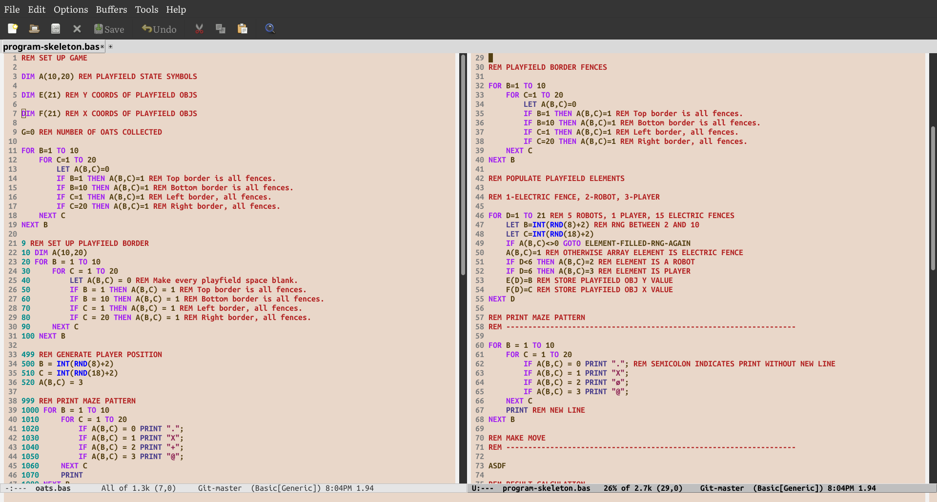 a screenshot of OATS.BAS in development